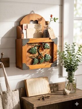 Rustic Farmhouse Wood Wall Mail Holder Grapevine Letter Organizer